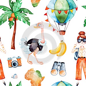 Safari collection with cute ostrich, air balloon, young travelling girl