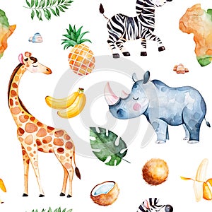 Safari collection with giraffe, rhino, zebra, banana, pineapple, coconut, palm leaves