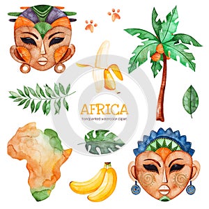 Safari collection with palm tree, banana, african woman, men masks