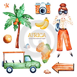 Safari collection with palm tree, young travelling girl, pickup car