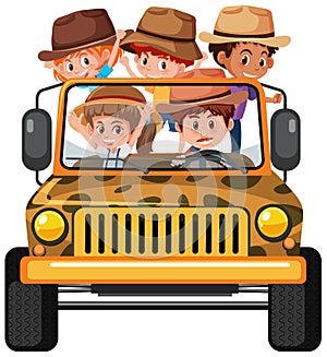 Safari concept with children in the jeep car isolated on white background