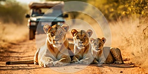 Safari family of wild lioness and lion cub running from following car along sandy road