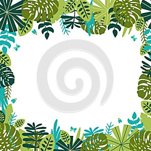 Safari frame. Green jungle floral frame. Tropical leaves, palm leaves, frame nature background. Green rainforest border