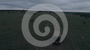 Safari game drive at dawn in Laikipia, Kenya, Africa. Aerial drone vie