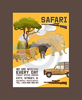 Safari hunting poster vector illustration. Hunter accessories such as gun, jeep car or vehicle in nature with plants as