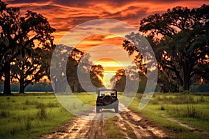 safari jeep driving through savannah sunset