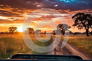 safari jeep driving through savannah sunset