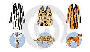 Safari jungle animals fur cloths with animals vector set illustration. Bengal tiger, zebra and gepard and african
