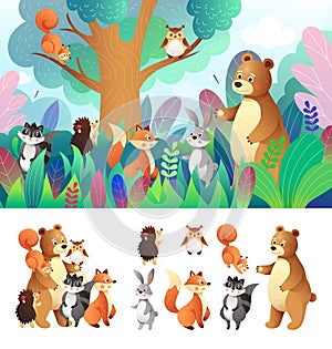 Safari nature. Jungle forest. Cute animals group. Cartoon bear and fox in meadow. Summer woodland. Children landscape