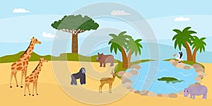 Safari nature, savannah wildlife concept, vector illustration. African animal at summer landscape, giraffe, gorilla