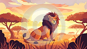 Safari, outdoor zoo park with predator, powerful leo cartoon illustration. Lion in savanna, african animal in nature