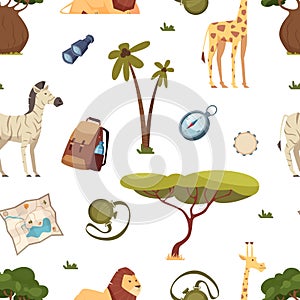 Safari pattern. Africa travel, leo giraffe and zebra. Tree and tourism accessories vector seamless texture