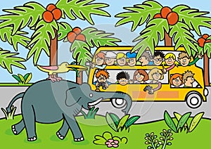 Safari, people at bus, traveling, elephand and bird, cartoon, eps.