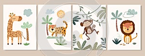 Safari posters, cards design with cute animals, baby kids nursery, decorative wall decor