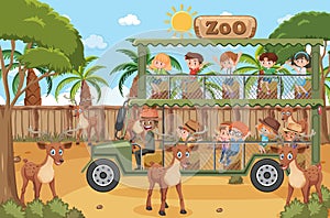 Safari scene with kids on tourist car watching deer group