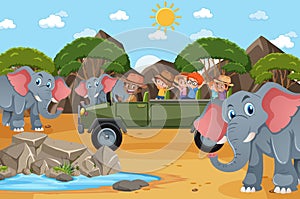 Safari scene with kids on tourist car watching elephant group