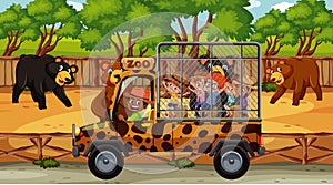 Safari scene with many bears and kids on tourist car