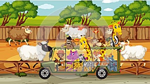 Safari scenes with many sheeps and kids cartoon character
