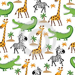 Safari seamless pattern- funny zebra, giraffe, and crocodile hand drawn vector illustartion.