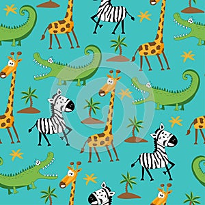 Safari seamless pattern - funny zebra, giraffe, and crocodile hand drawn vector illustartion.