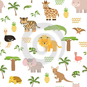 Safari summer animals seamless pattern. Cute vector chameleon, crocodile lion, tiger elephant, flamingo, giraffe, bat, kangaroo,