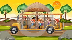 Safari at sunset scene with many kids in a zoo golf cart