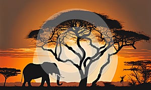 Safari sunset tree silhouette with Elephant