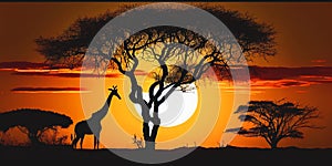 Safari sunset tree silhouette with giraffe