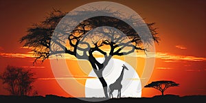 Safari sunset tree silhouette with giraffe
