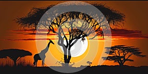 Safari sunset tree silhouette with giraffe Kenya