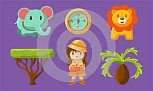 Safari Symbols Set, Cute African Animals, Trees and Girl in Safari Outfit Vector Illustration