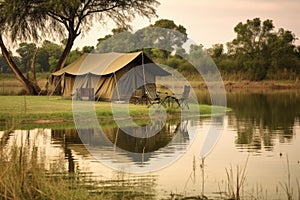 safari tent set beside a fishing safari lake