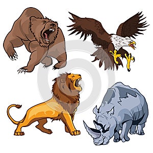 Safari terrifying feline lion with tail and roaring grizzly horribilis bear raising claw, zoo ferocious and dangerous