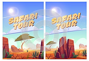 Safari tour posters with african savannah landscape
