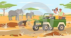 Safari travel adventure in Africa savanna wildlife landscape, people traveling on jeep