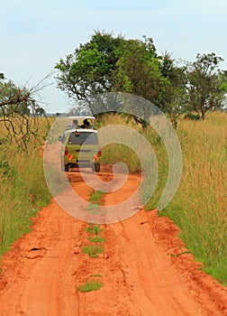 Safari Van rolling through Ugandan Savannah