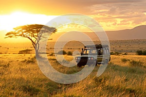 Safari Vehicle Parked in Field at Sunset. Generative AI