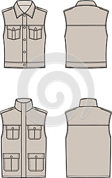 Safari vest flat sketch. Waistcoat apparel design. Front and back. Men and women CAD mockup. photo