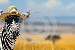 Safari zebra in sunglasses and hat, ecotourism concept photo