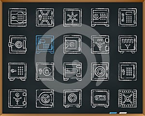 Safe bank cell chalk draw line icons vector set