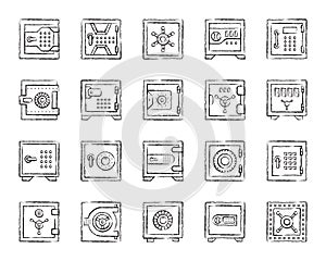 Safe bank cell charcoal draw line icons vector set