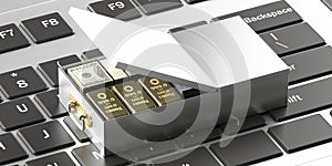 Safe bank deposit drawer open with money and golden bars on computer keyboard background. 3d illustration