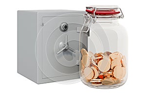 Safe box with glass jar full of golden coins, 3D rendering