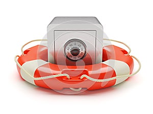 Safe box inside of lifebuoy isolated on white