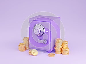 Safe box with money 3d render - closed purple strongbox surrounded by pile of gold coins with dollar sign.