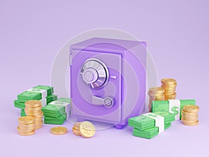 Safe box with money 3d render - illustration of closed purple strongbox surrounded by pile of gold coins and paper cash.