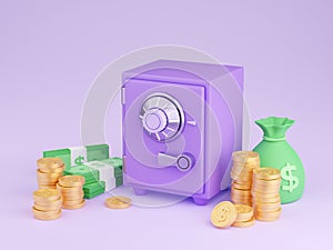 Safe box with money 3d render - illustration of closed purple strongbox surrounded by pile of gold coins and paper cash.