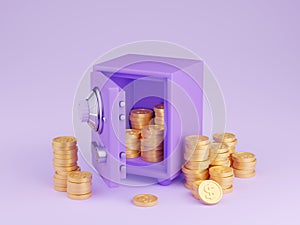 Safe box with money 3d render - open purple strongbox filled and surrounded by pile of gold coins with dollar sign.