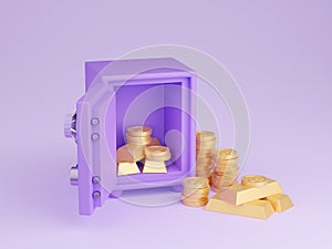 Safe box with money 3d render - open purple strongbox filled and surrounded by pile of gold coins and ingots.