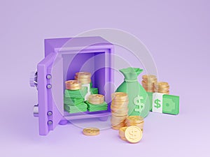 Safe box with money 3d render - open purple strongbox filled and surrounded by pile of gold coins and paper cash.